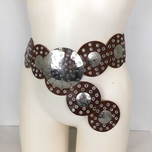 Women’s Bohemian Wide Leather Round Concho Western Belt Brown Silver Grommets